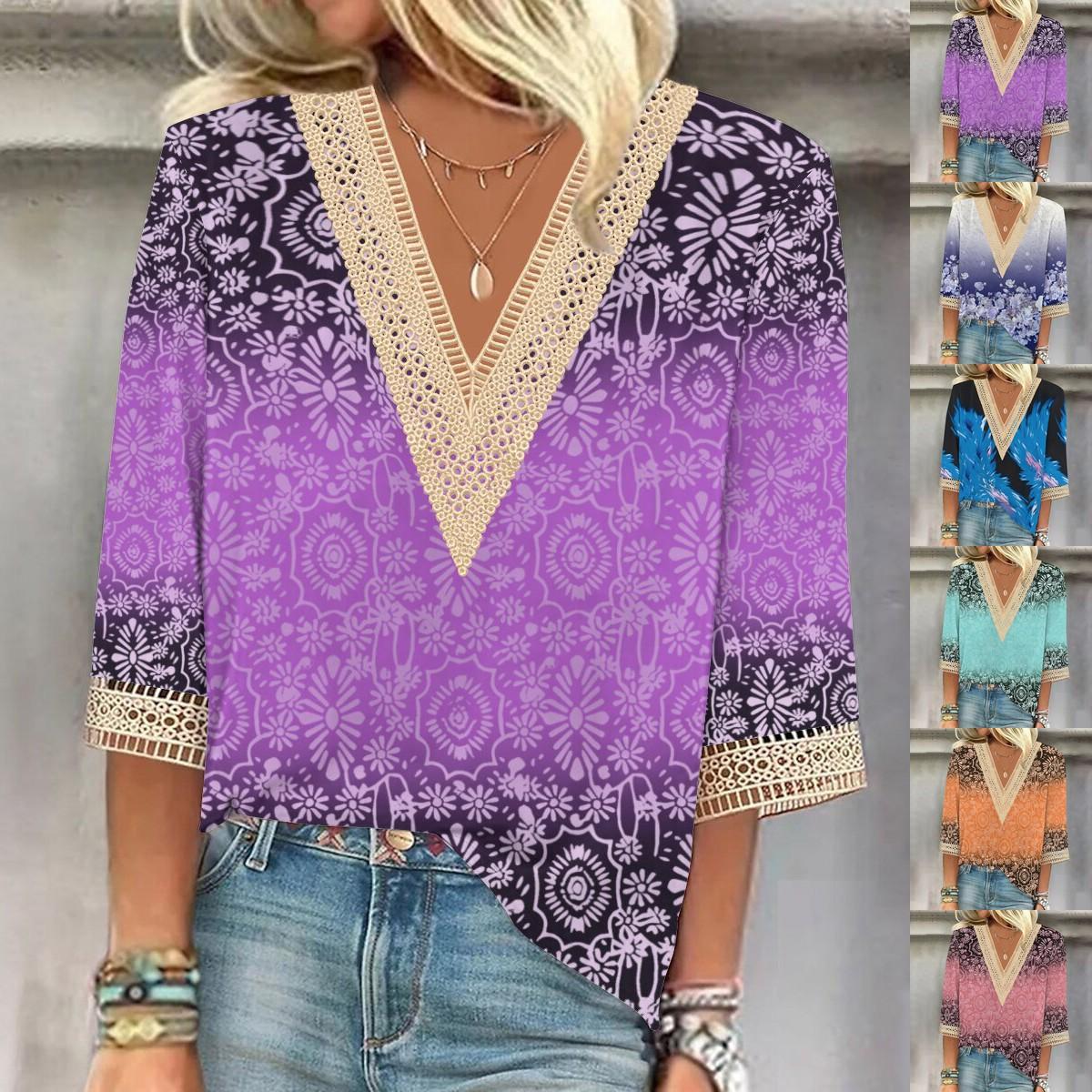 

Летняя новая мода женская кружевная футболка с V-образным вырезом с рукавом три четверти рукава S-2XL S-2XL