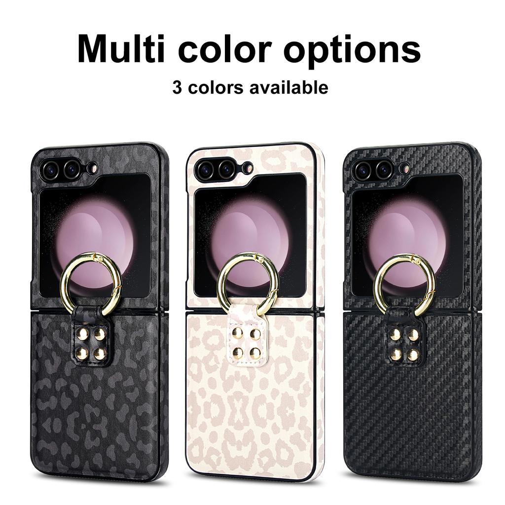 Ring Holder Matte Leather Case For Samsung Galaxy Z Flip 6 5 4 3 Flip5 Flip4 5G Leopard Pattern Ultra Thin Skin Feeling Cover