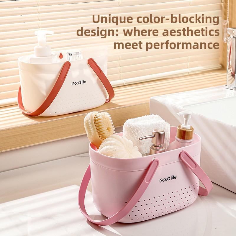 Portable Hollow Bath Basket Silicone Handle Portable Bath Basket Student Dormitory Bathroom Toiletries Storage Basket