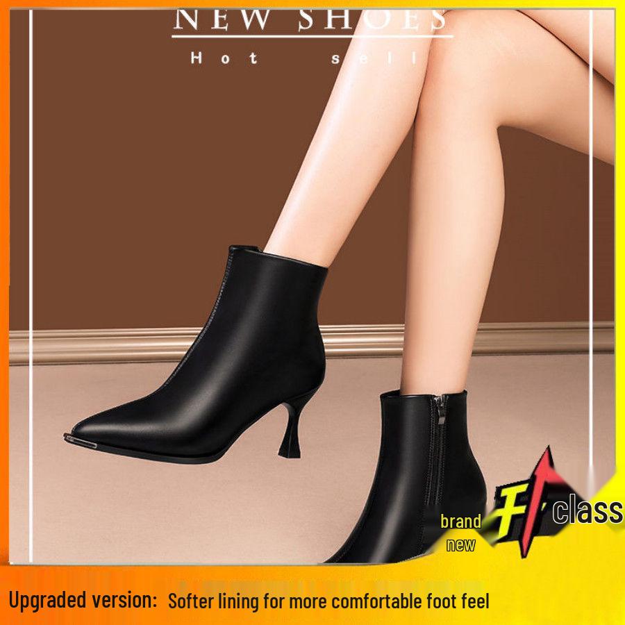 

2025 Autumn/Winter Women s Pointed Toe Stiletto Ankle Boots - Comfortable Velvet Lined Leather 37
