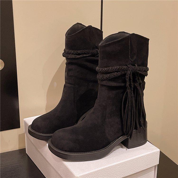 Kuskinnversjon~ retro ødemark frynsete ridestøvler tykk hæl men knelang støvler slank pile mellomhøye støvler kvinner