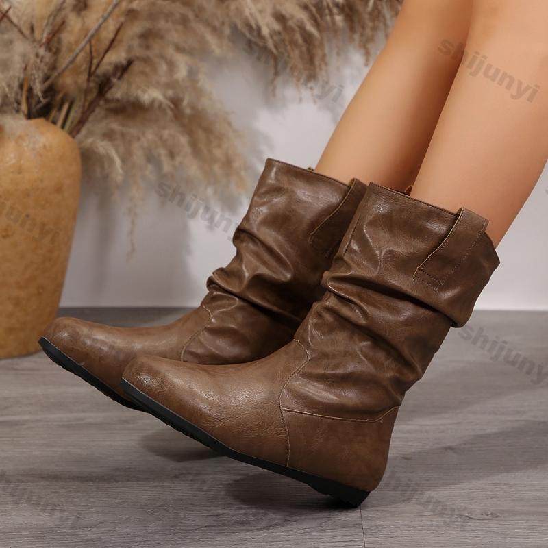 Women Flat Mid-calf Suede Ankle Boots Platform West Cowboy Shoes Round Toe Boot 2025 Autumn Designer Ladies Suede Botas De Mujer