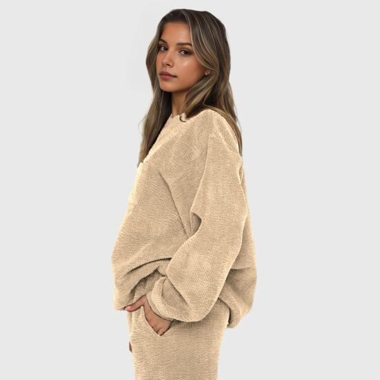 2 Pcs/Set Women Top Pants Set Round Neck Long Sleeve Elastic Cuff Sweatshirt Pure Color Stretchy