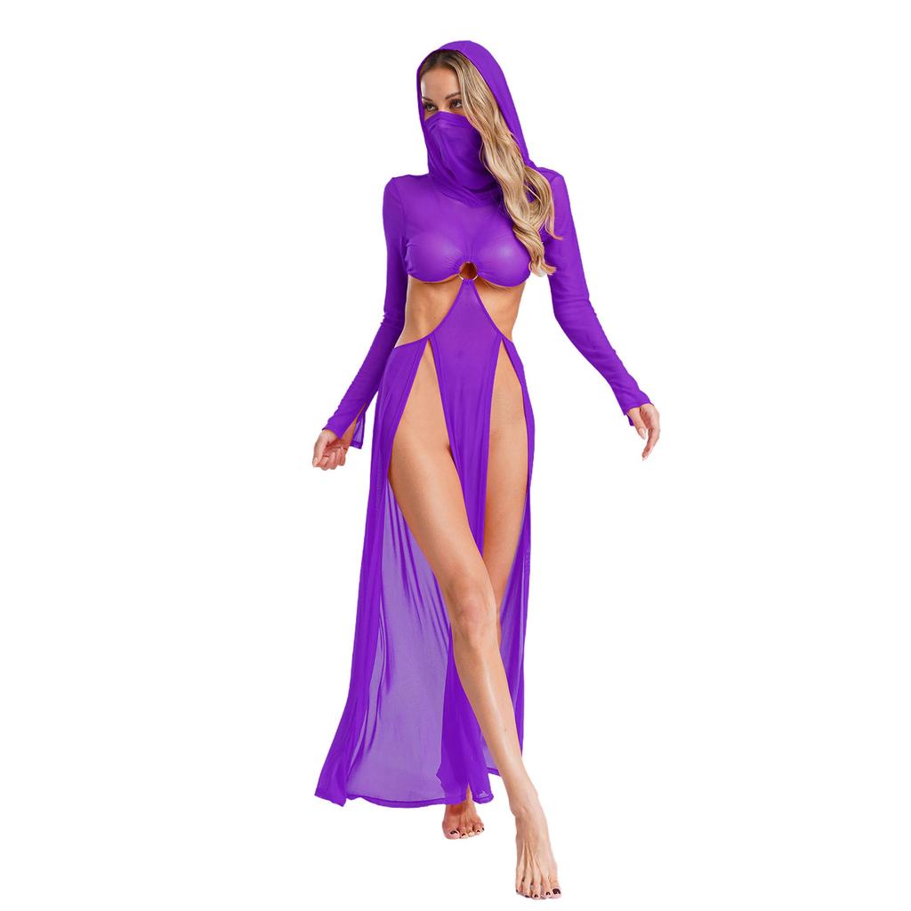 Women Sheer Maxi Dress High Slit Design Hooded Face Cover Long Sleeves Hollow Out Mesh Coverup Gown