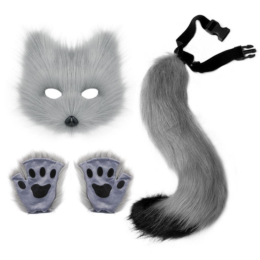 Halloween Beastman Cat-Fox Plush Mask & Gloves Cosplay Set