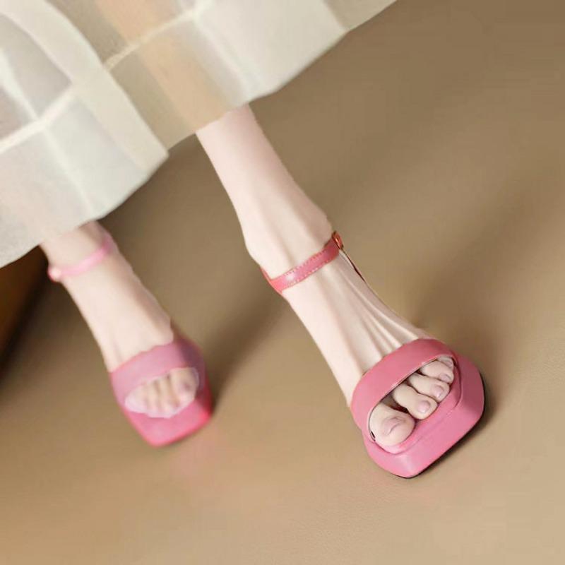 Summer Platform Women's Shoes with Fashion Square Head High Heels Thick Heel Waterproof Table Barbie Pink Sandals Cm