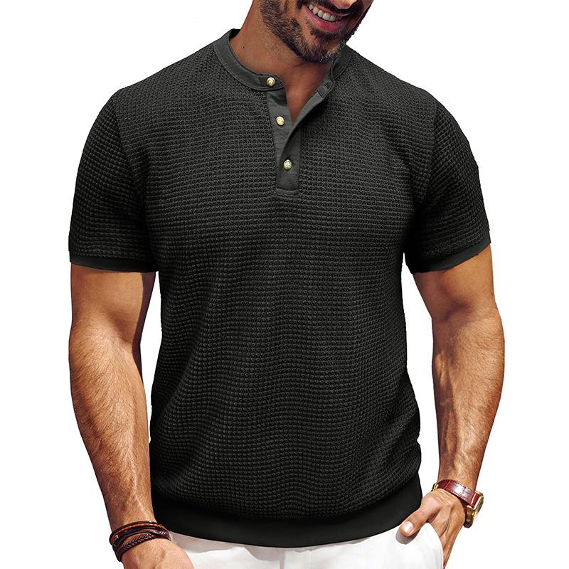 Men Waffle Knit Henley Neck Short Sleeve Casual T Shirt S
