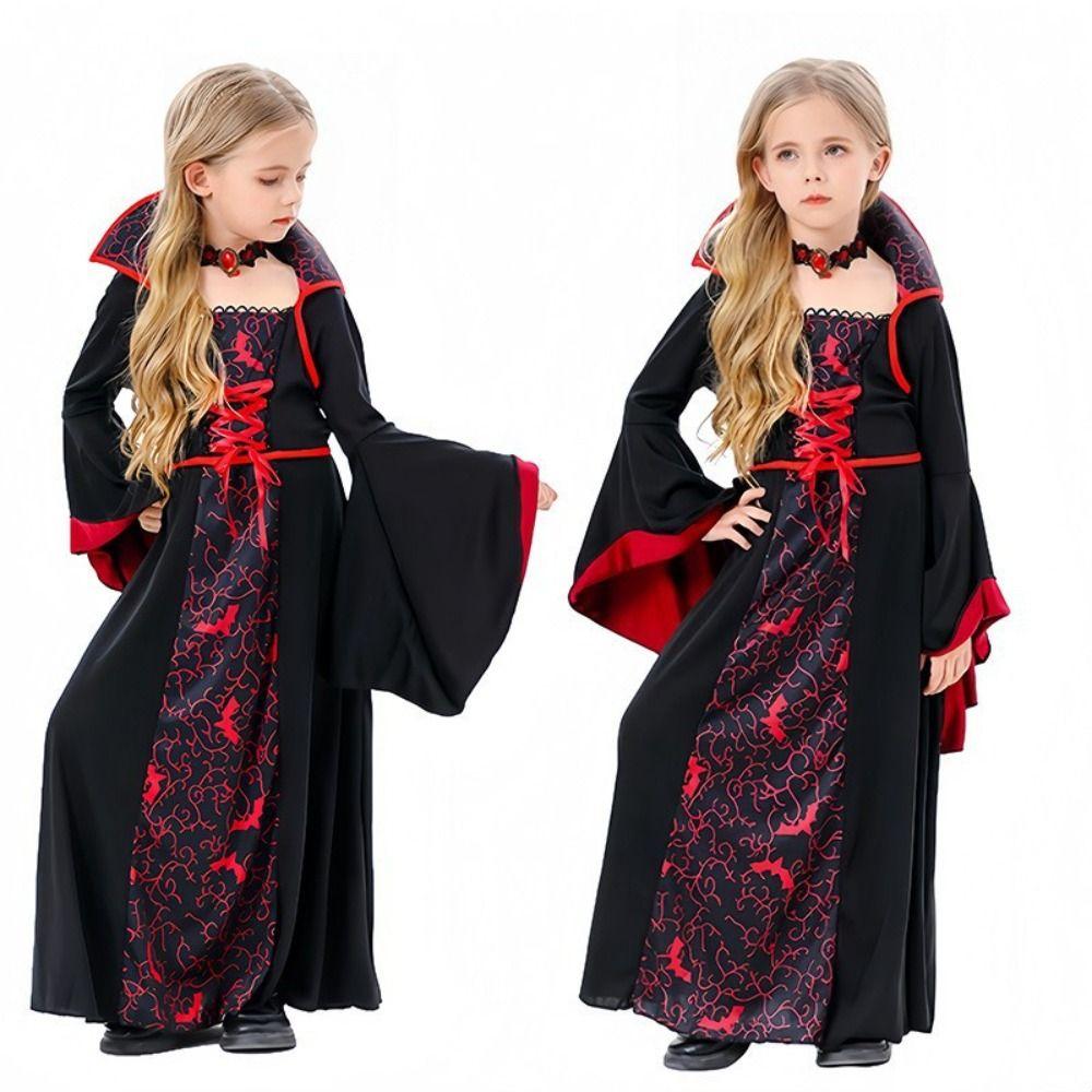 Lace Up Halloween Clothing Bell Sleeve Children Medieval Printed Dress  Kids