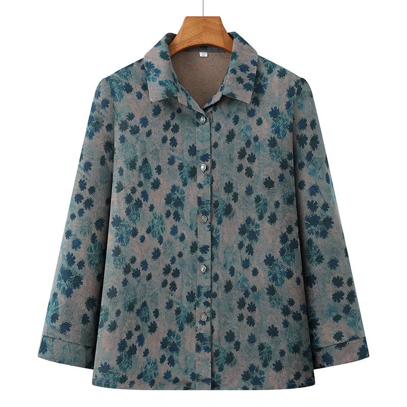 

Floral Print Long-Sleeve Top for Middle-Aged and Elderly Moms 5XL (145-160kg) синий