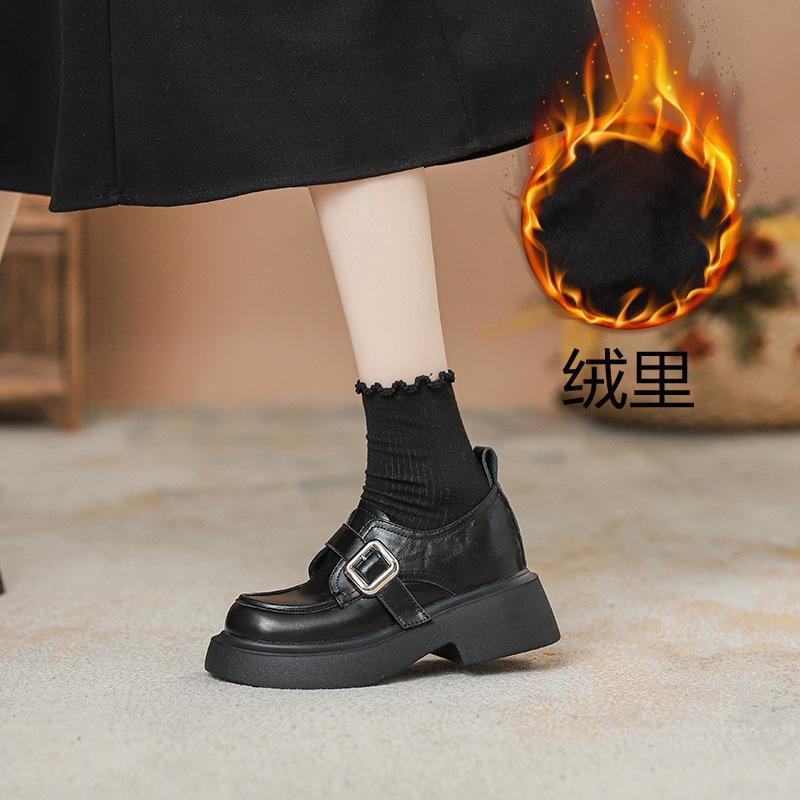 Washed Cowhide Retro One-pedal Thick-soled Small Leather Shoes for Women's Autumn and Winter Velvet Thick Heel Small Size 32