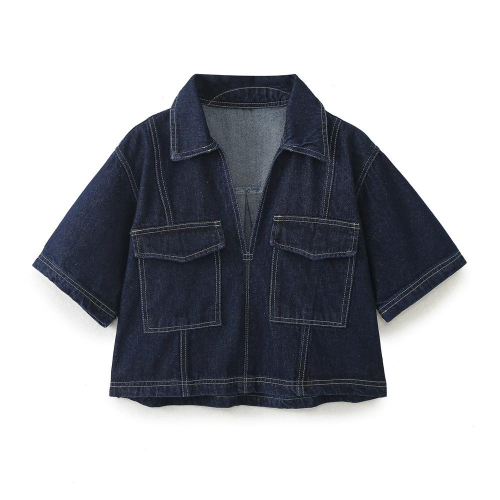 Camicia Corta in Denim Decorata con Borsa a Sfiato Retro Primaverile