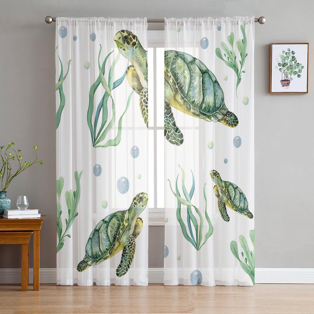 Blue Ocean Green Turtle Tulle Curtains For Living Room Bedroom Decoration Sheer Voile Window Curtains Party Drapes Panels