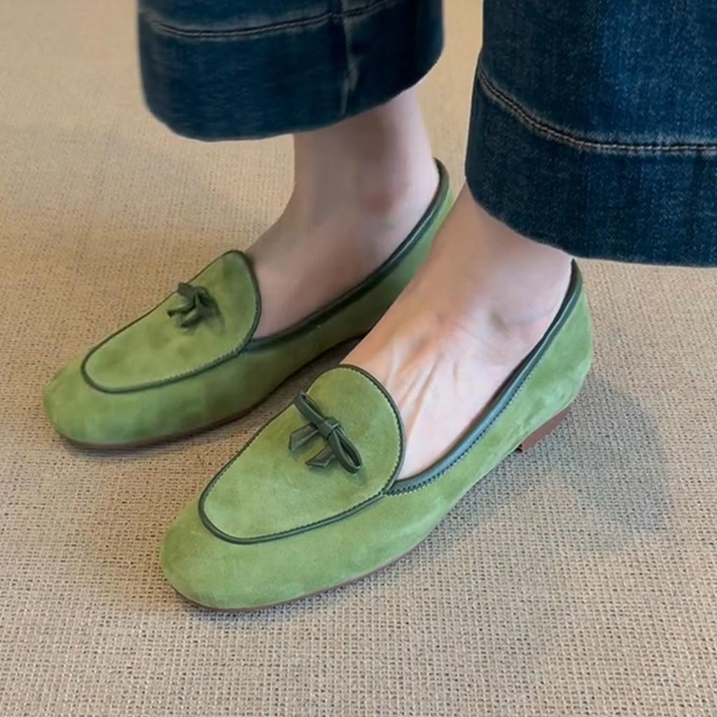 Sheepskin Version Inner Height Increase Single Shoes Women's Shoes Bow White Loafers Women's Versatile Suede One-pedal Small Leather Shoes