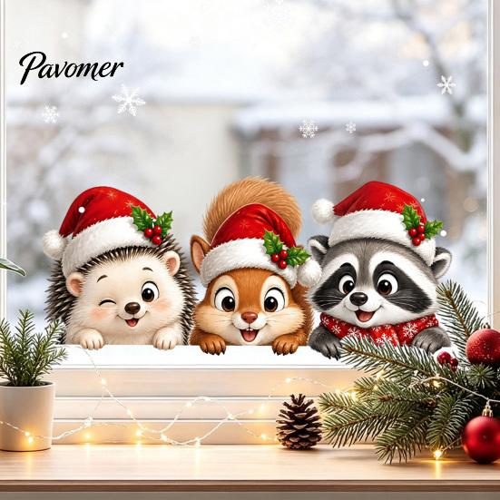 Christmas Gifts for Friends Window Stickers, Static Cling Santa Claus Snowman Reindeer Decals, Cute Animal Art Holiday Glass Clings Home Storefront