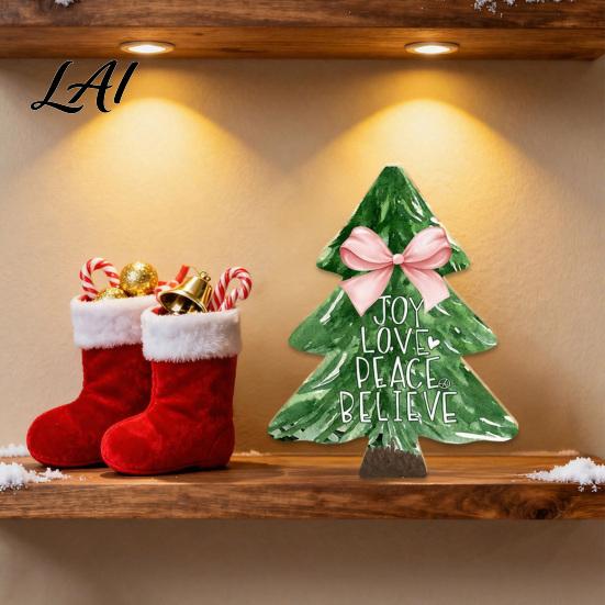 Christmas Tree Decorations Wooden Tabletop Decor Plaid Polka Dots Xmas Wood Signs Red Traditional Festive Ornaments Black Green Desktop Centerpieces