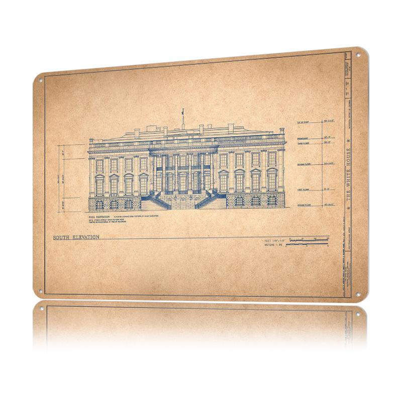 White House Elevation Blue Tinplate Poster Customized Wall Art Retro Vintage Metal Signs for Fans Bedroom Decoration Gaming Home