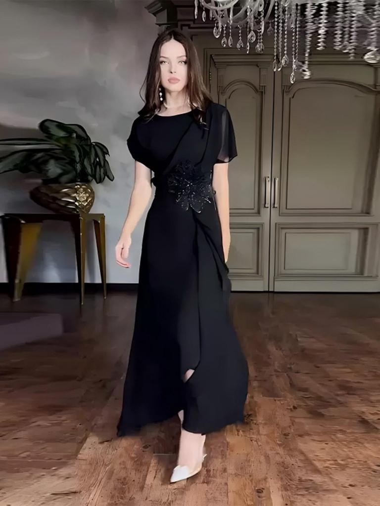European & American 2025 Spring Elegant Luxurious Short Sleeve Waist-cinching Long Dress