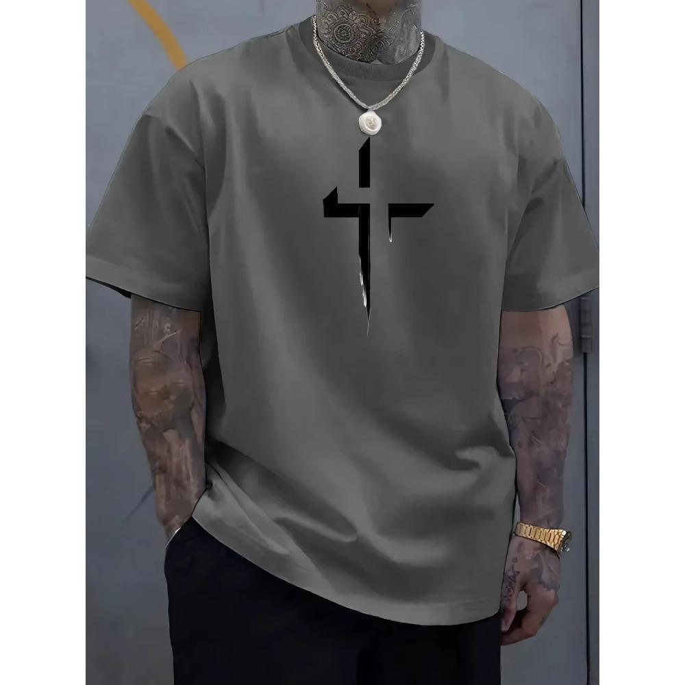 Summer Men's 100_ Pure Cotton Casual Loose Plus Size Cross Creative Printed Sports Comfortable Round Neck Short Sleeved T-shirt