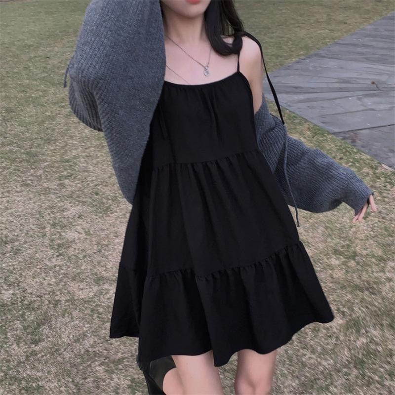 Elegantes Camisole-Kleid im französischen Stil mit Schnürung in Übergröße - Schwarzer kurzer Rock