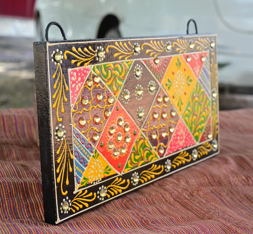 Hand-Painted Indian Folk Art Panel: Boho Wall Decor with Mirror