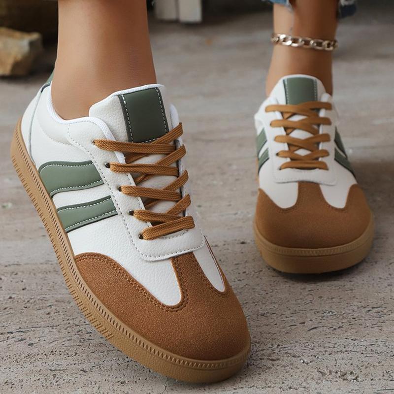 Fashion Concise Patchwork Sneakers Women Fashion Faux Pu Leather Striped Sports Shoes Woman Low Top Lace Up Vulcanize Shoes Female