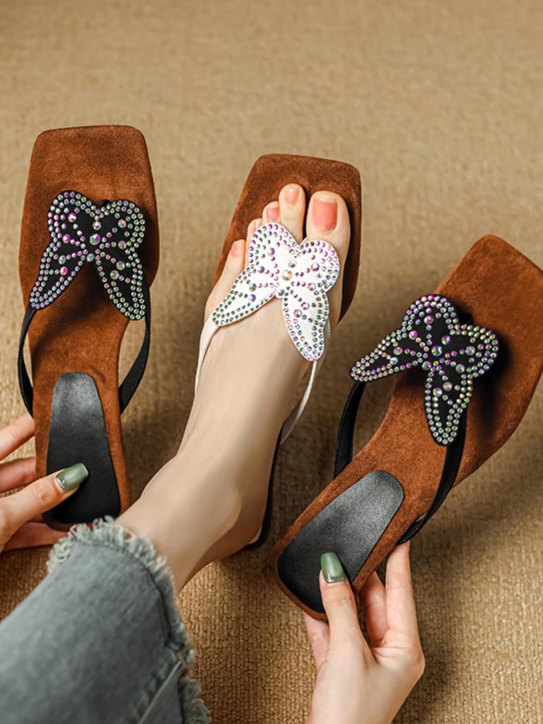French Stunning High-heeled Sandals Women's Summer Wear Fashion Bow Rhinestone Leather Cool Slippers Toe Flip-flops