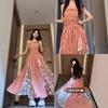 Holiday Style Plaid Splicing Lace Tube Top Dress Women's Spring and Summer New Retro French Waist Dress