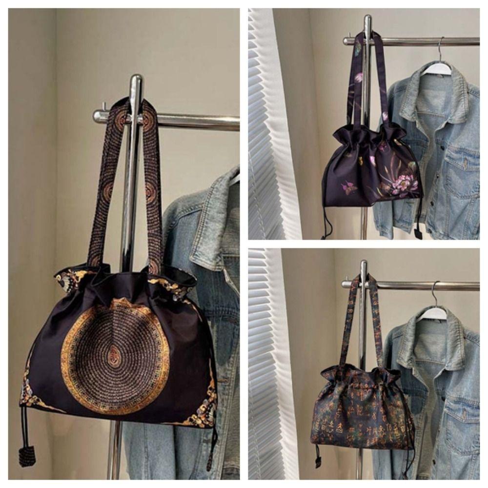 Retro Hanfu Drawstrings Bag Flower Embroidery Handbag Chinese Printed Shoulder Pouch  Outdoor