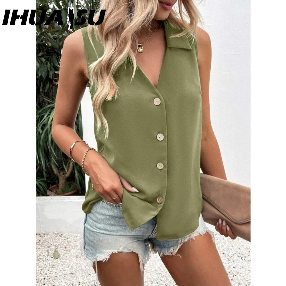 

IHUASU Женские модные повседневные однотонные блузки и рубашки без рукавов с v-образным вырезом и принтом XXXL армия зеленый