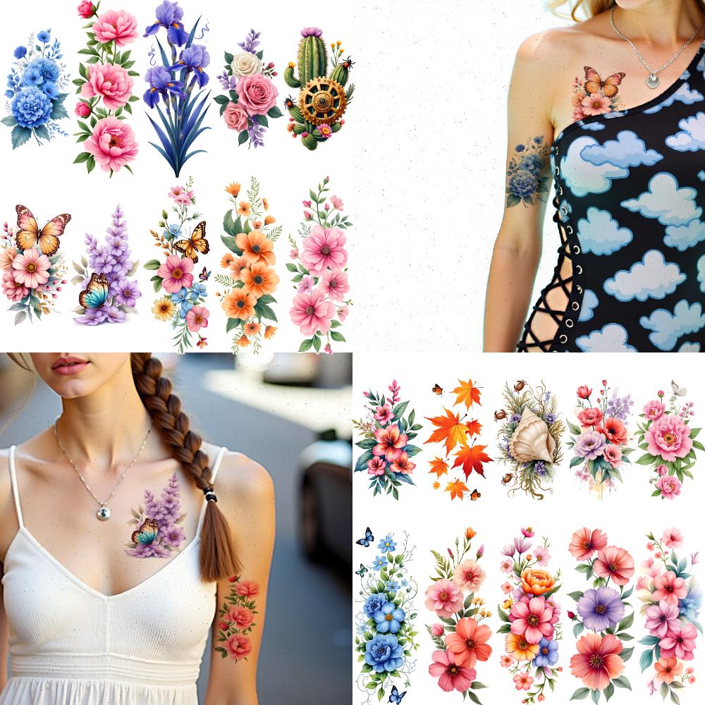 12 pièces Tatouages Temporaires Motifs Papillons Designs Floraux Colorés Autocollants Corporels Imperméables Longue Durée Pour Bras Adulte
