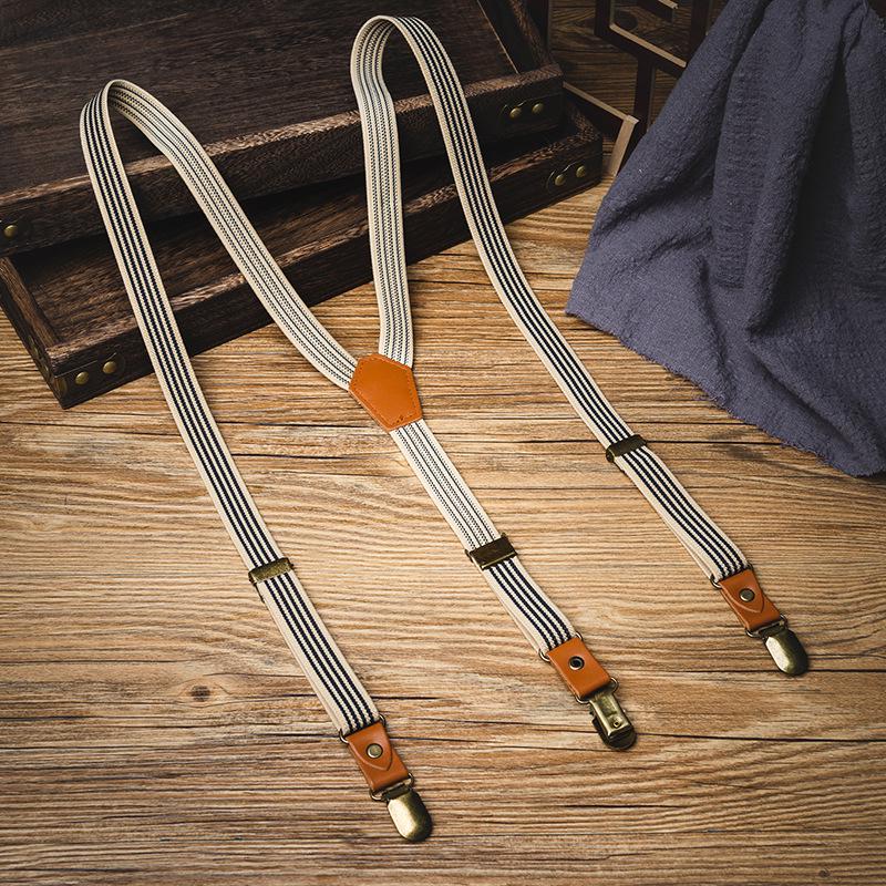 Unisex Elastic Striped Non-Slip Three-Clip Suspenders хаки