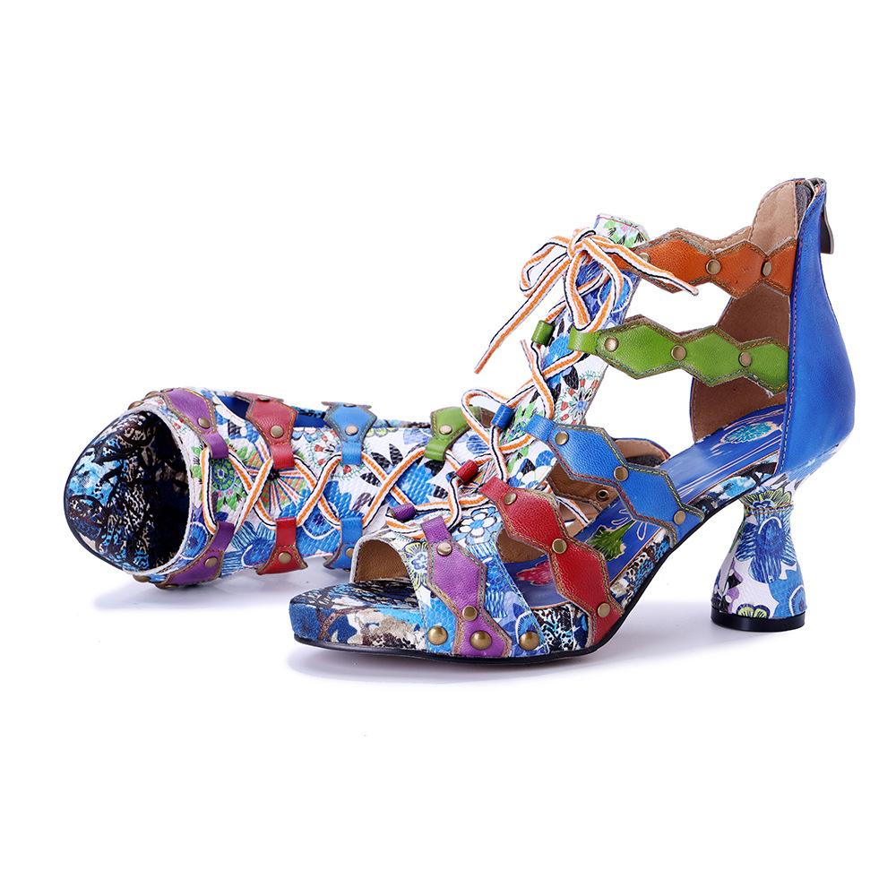 Johnature Women's Handmade Genuine Leather Colorful Bohemian Style Riveted High Heel Sandals