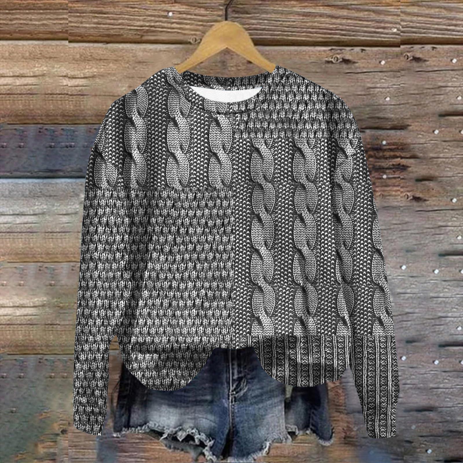 Женская мода ChristmasPrinted с длинным рукавом свободный круглый вырез толстовка Топ L — фото 6