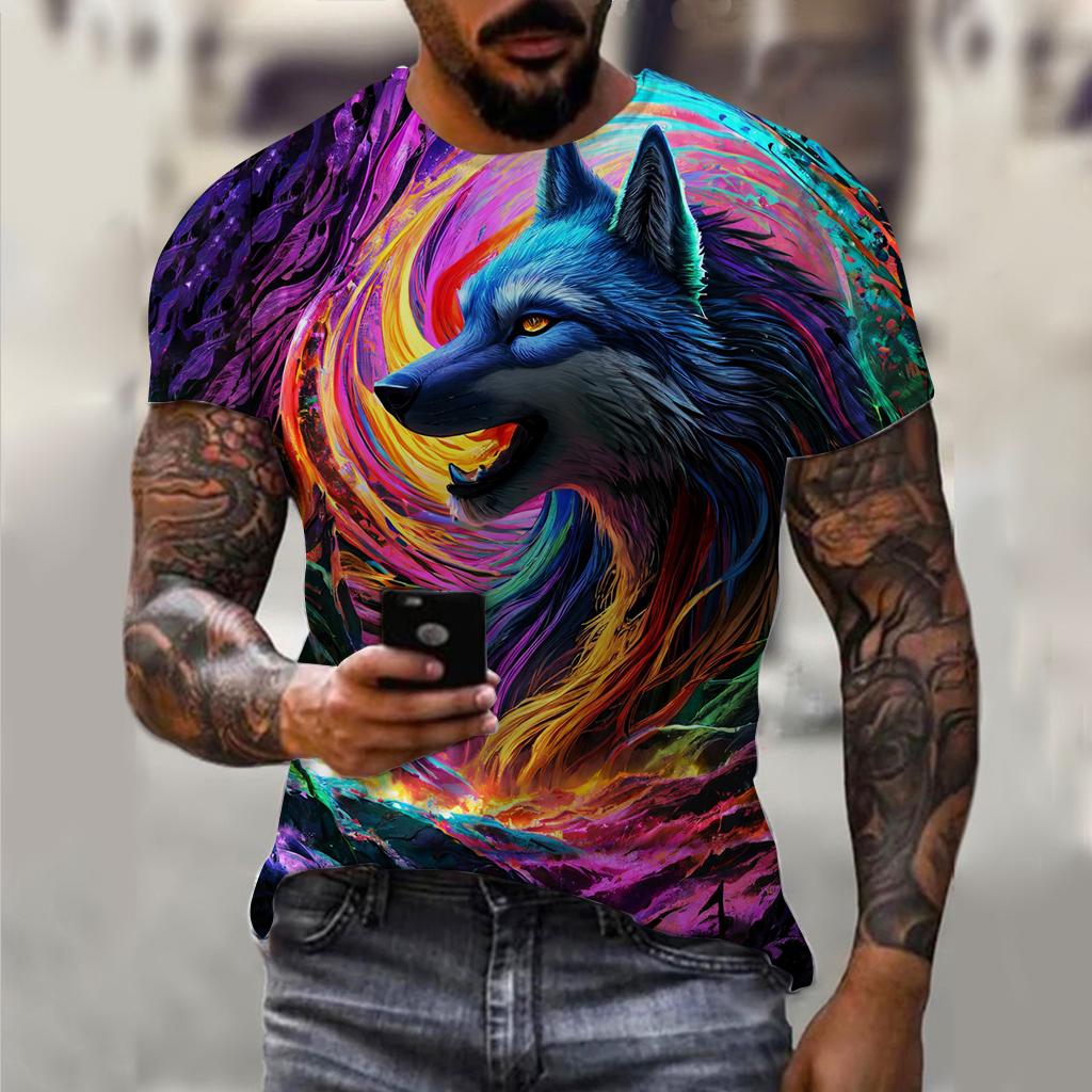 PLUS-size 3D Wolf Beast Print Men and Women Casual Short-sleeved T-shirt Round Neck Fashion Trend Cool Men's Daily New Clothing
