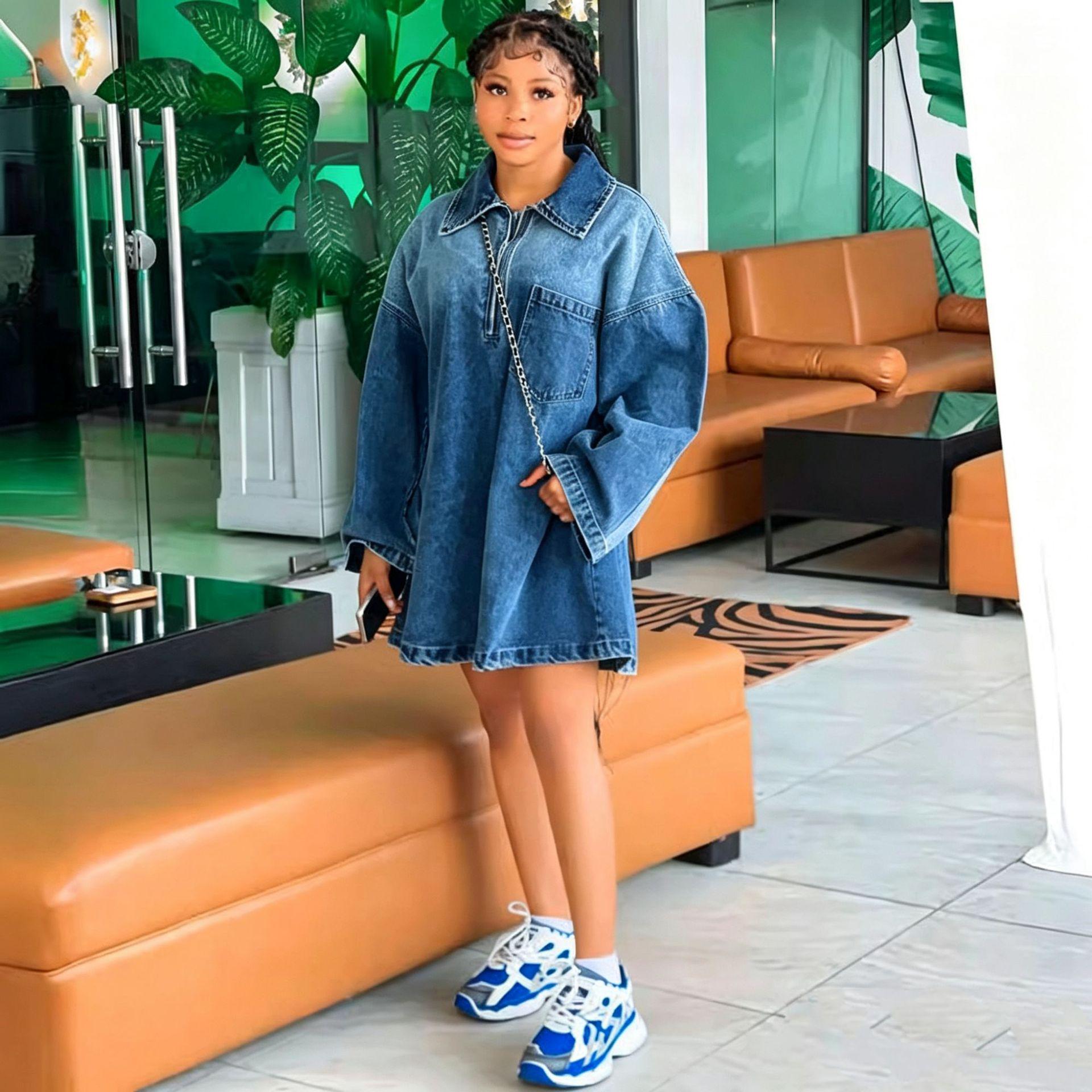 Европейское весенне-летнее женское платье-худи с лацканами и джинсовой юбкой M темно-синий