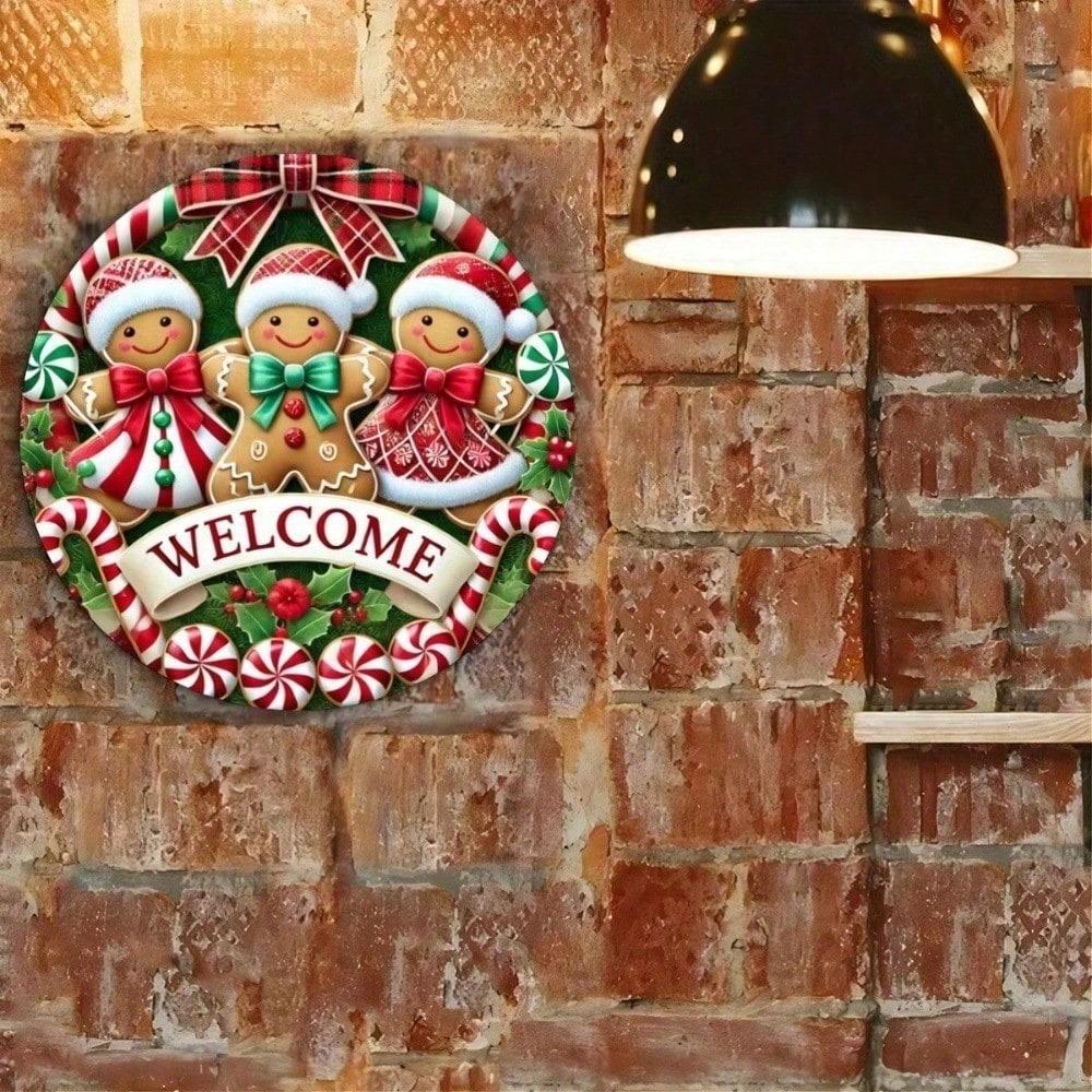 Festive Gingerbread Man Metal Wall Art, Christmas Round Sign for Home Kitchen Porch Decoration, 2D Flat Holiday Gingerbread Cookie Decor