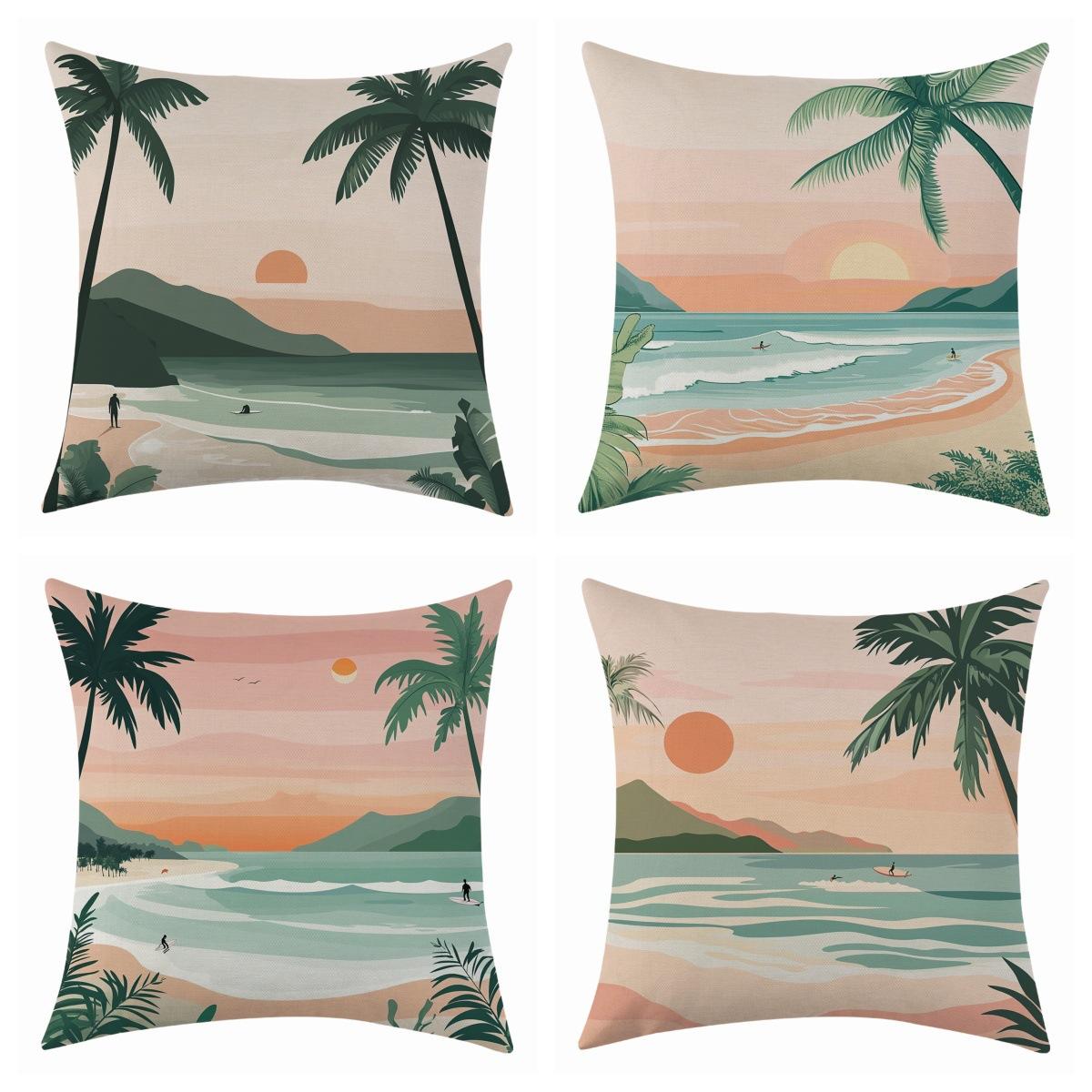 

New Summer Refreshing Beach Sunrise Linen Pillowcase, Four-piece Set with Label 45 * 45 throw pillow four-piece set