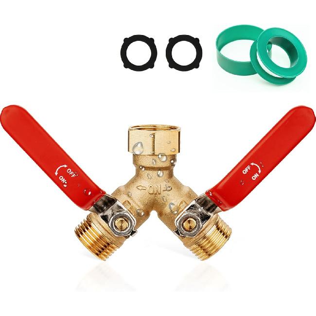 Garden Water Hose Splitter - RV Water Splitter 2 Way Heavy Duty Brass Spigot Hose Splitter - Outdoor Y Hose Bib 2 Valves With 2 Extra Rubber Washers