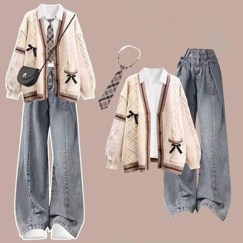 Ensemble 4 pièces pour femme de petite taille style coréen automne/hiver 2025: Gilet, Chemise, Cravate et Jeans