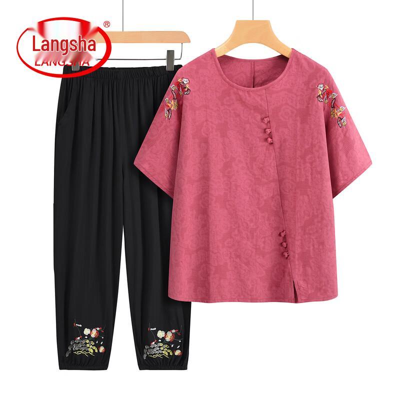 

LangSha Women s Floral Embroidered Cotton Short Sleeve Set XL