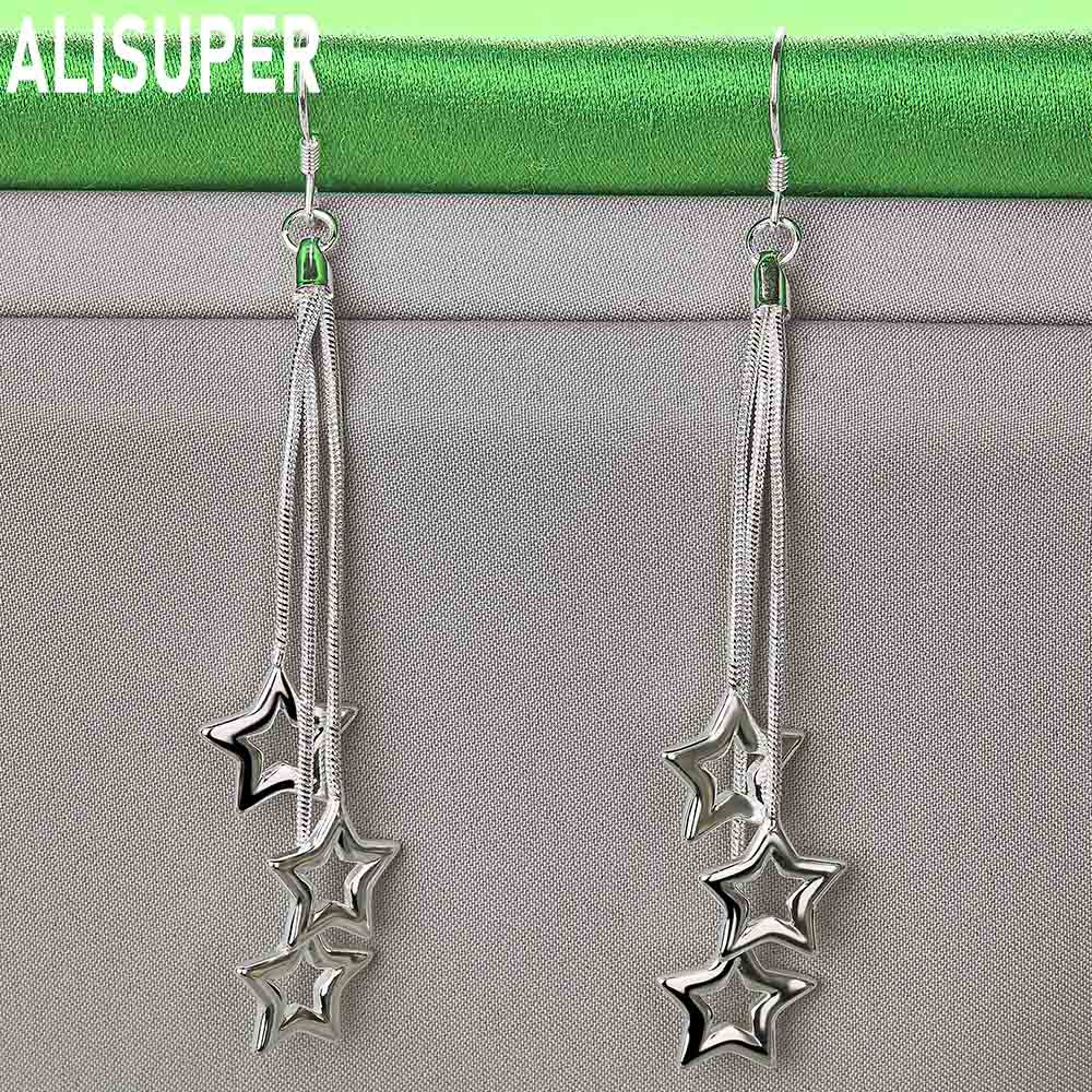 925 Sterling Silver Three Snake Chain Star Shaped Perforated Earrings Fashion Charm Wedding Jewelry