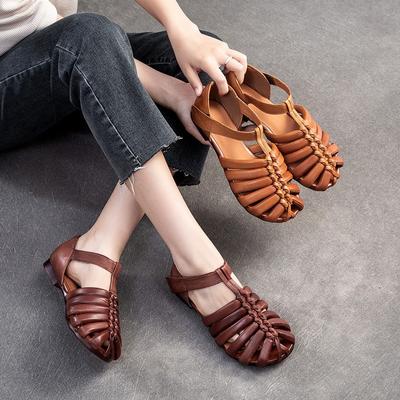 Ausgehöhlte atmungsaktive Web-Flachsandalen Retro-Echtleder-bequeme Damenschuhe