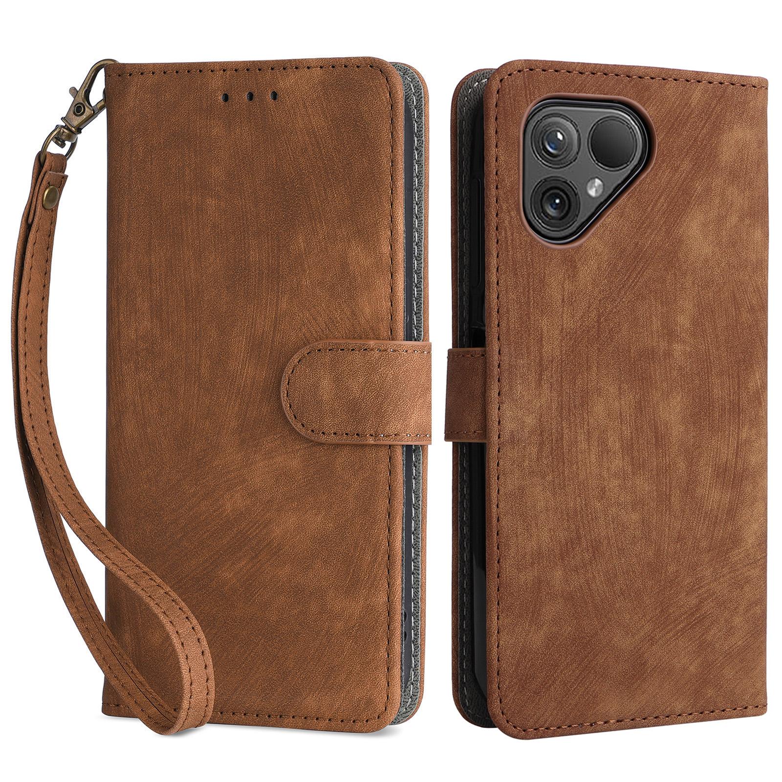 

For Fairphone 5 Phone Case RFID Blocking Stand Phone Wallet Cover with Strap Brown