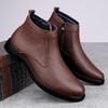 Men's Fashion High-Top Leather Slip-On Boots with Side Zipper, Plush Lined, Warm Cotton, Size 47