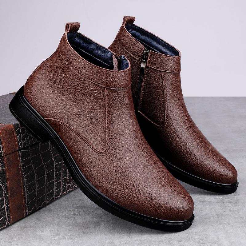 Men's Fashion High-Top Leather Slip-On Boots with Side Zipper, Plush Lined, Warm Cotton, Size 47