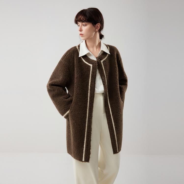 ELLE Retro Color Block Módní Design Ležérní Dlouhý Rukáv Plyšový Kabát z Jehněčí Vlny Dámský svrchní oděv EF52675