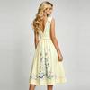 Sexy Deep V-neck Bow-Detail Ruffled Slim A-line Long Dress Women's Summer Sleeveless Floral Rint Cotton-Linen Midi Dress