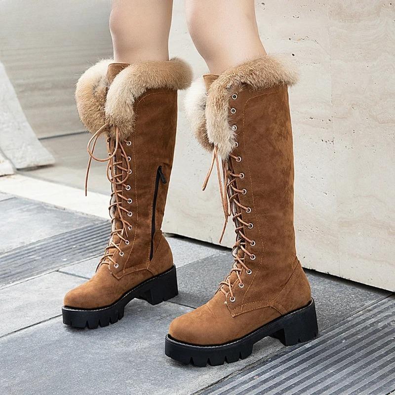 Fashion Lace-up Winter Shoes Women Snow Boots Real Fur Boots Women Knee High Suede Thick Heel Warm Outdoor with Zip Big Size 43