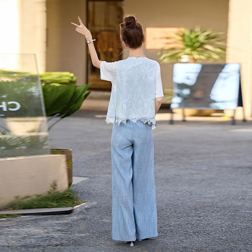 Summer new fashion design sense Muse temperament lace splicing two sides wear vest wide leg pants three-piece women