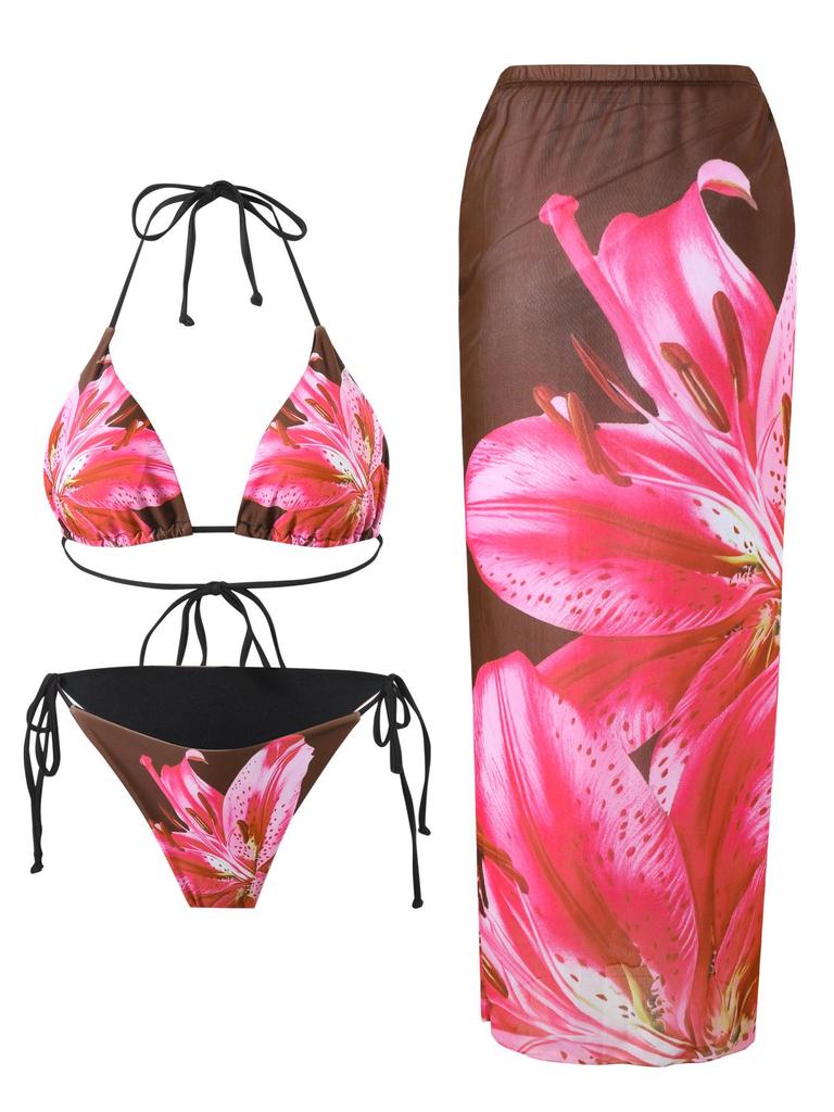 Europäischer Bikini: Elegantes Muster, Sexy Schnürung, Schlitz-Maxirock